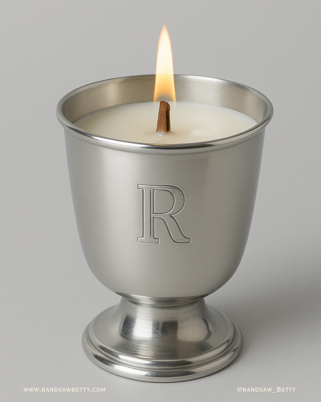 Vintage Pewter R Etched Cup Candle